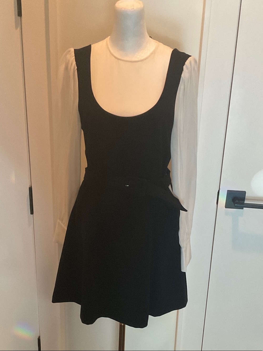 cinq a sept Black Mini Dress with Cream Blouse Style